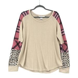 Love Kuza Beige Plaid Panel Sleeves Boho Leopard Print Cuffs Tunic Top XL‎
